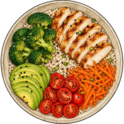 Illustrated grain bowl with chicken, broccoli, avocado, and tomatoes