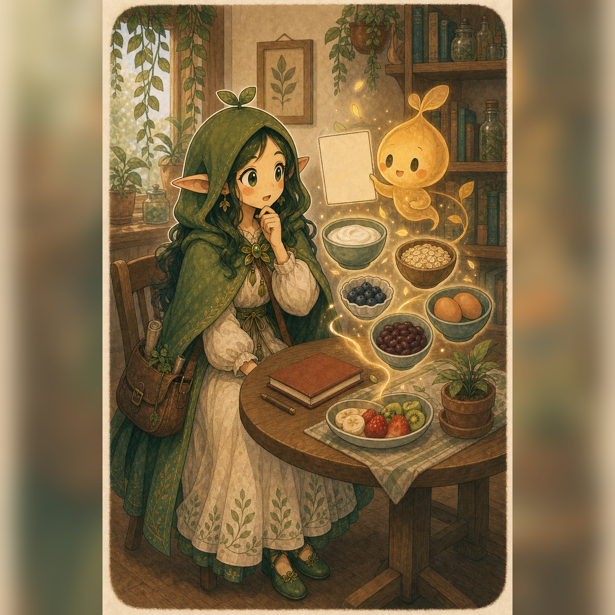 Nour and abstract seed-lantern Nuru look at familiar breakfast foods and a blank idea card.