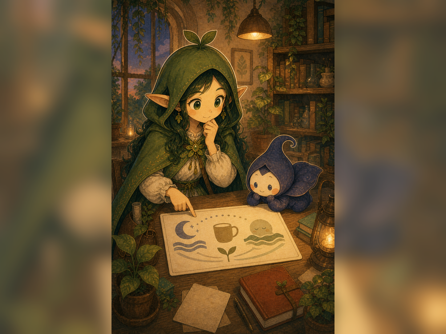 Nour and Luma look at an abstract moon and mug evidence card with no readable text.