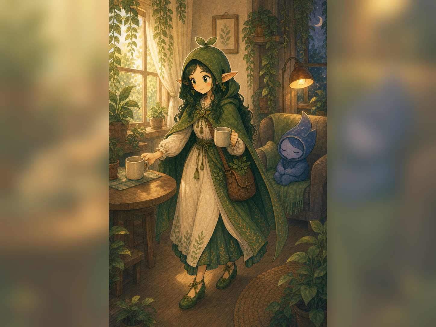 Nour moves a mug earlier in a warm room and keeps a cozy evening drink nearby without labels.