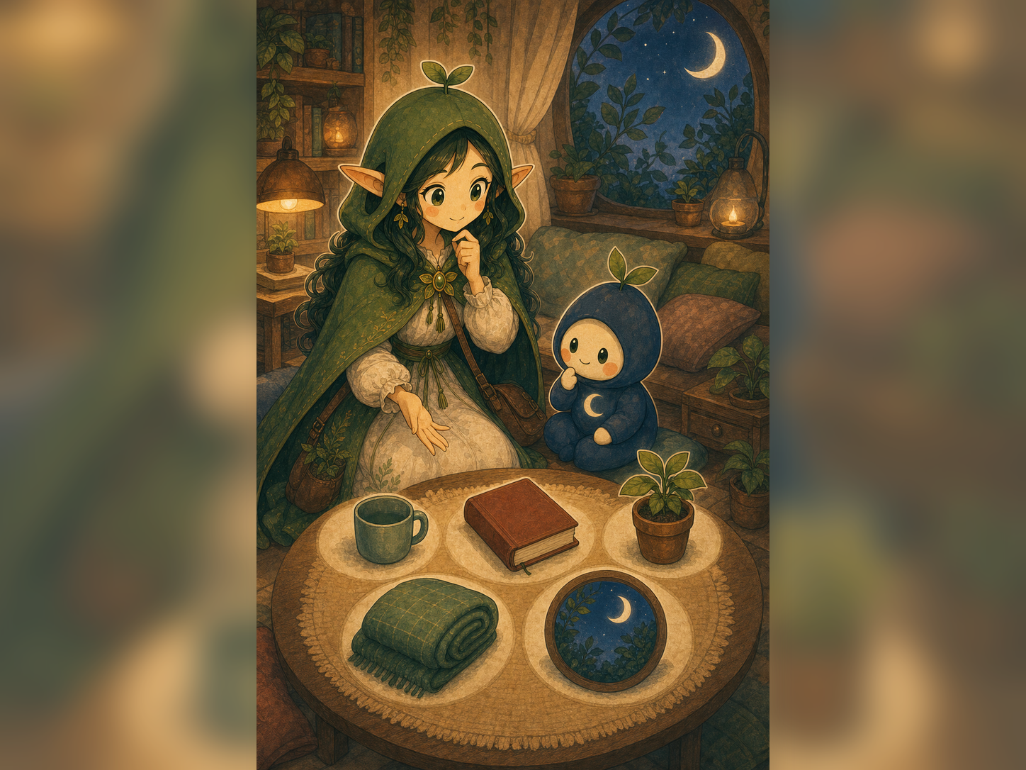 Nour and Luma compare calm evening routines with no numbers, text, or medical symbols.
