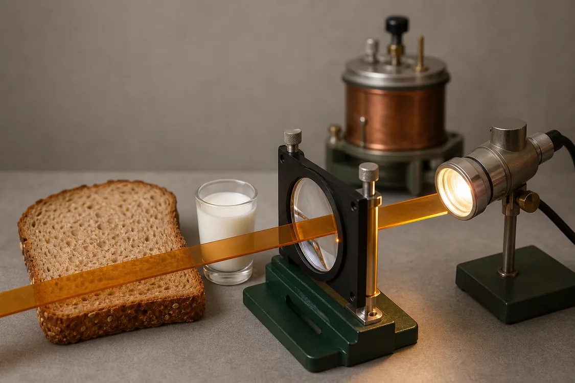 A warm brass-and-glass apparatus sends one amber energy band through ordinary food.