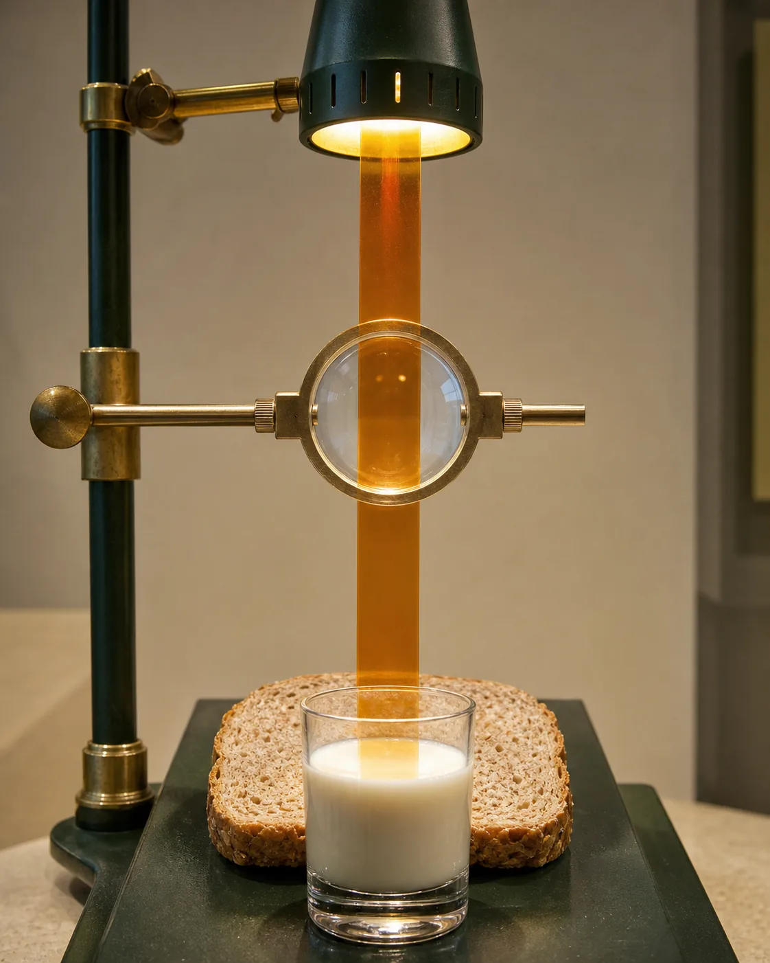 A warm brass-and-glass apparatus connects bread, milk, and a lamp with the same amber band of energy.
