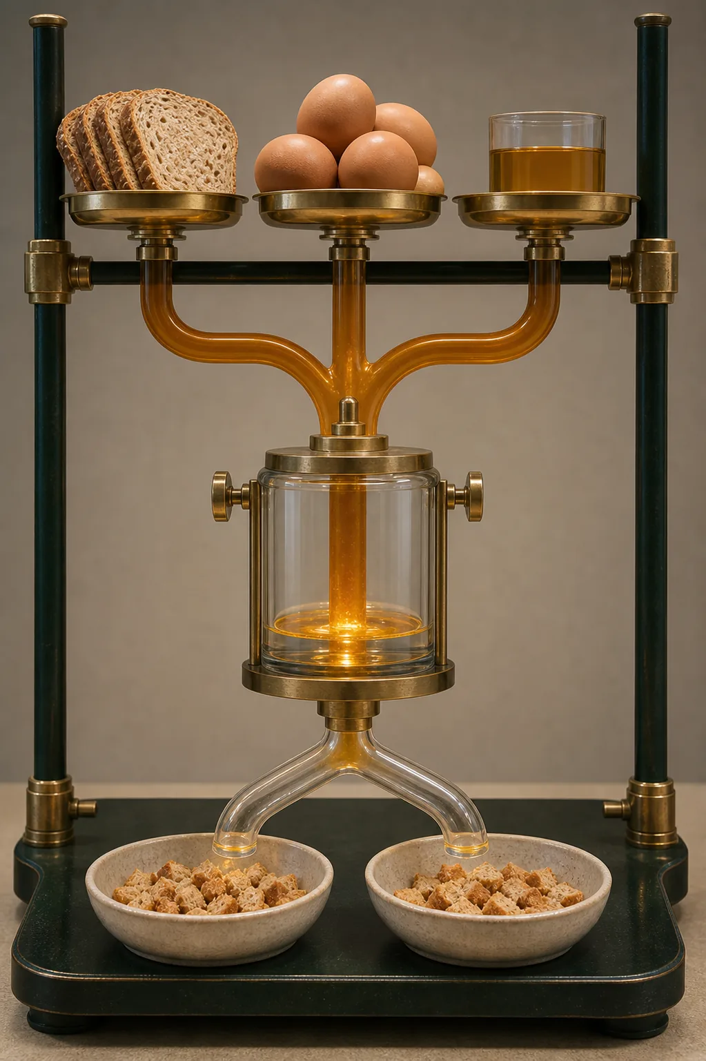 Protein, carbohydrate, and fat flow through glass tubes into a calculation device beside a divided serving.