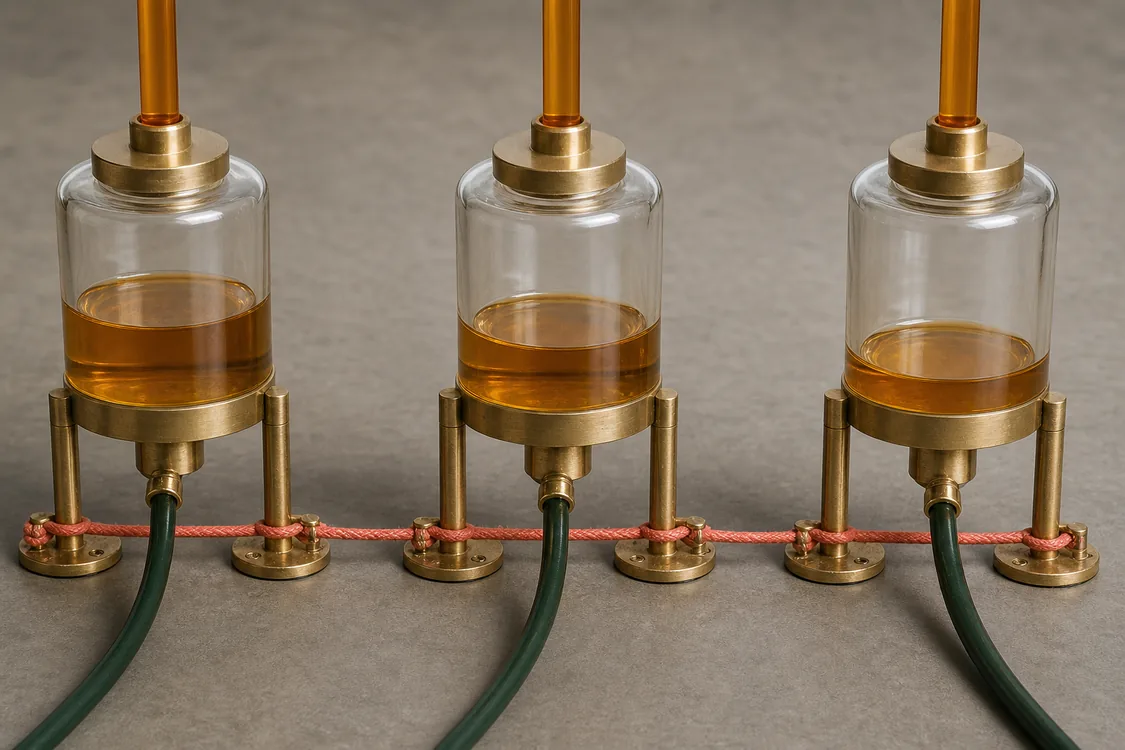 Three linked glass vessels show energy flowing in and out while the level gradually falls.