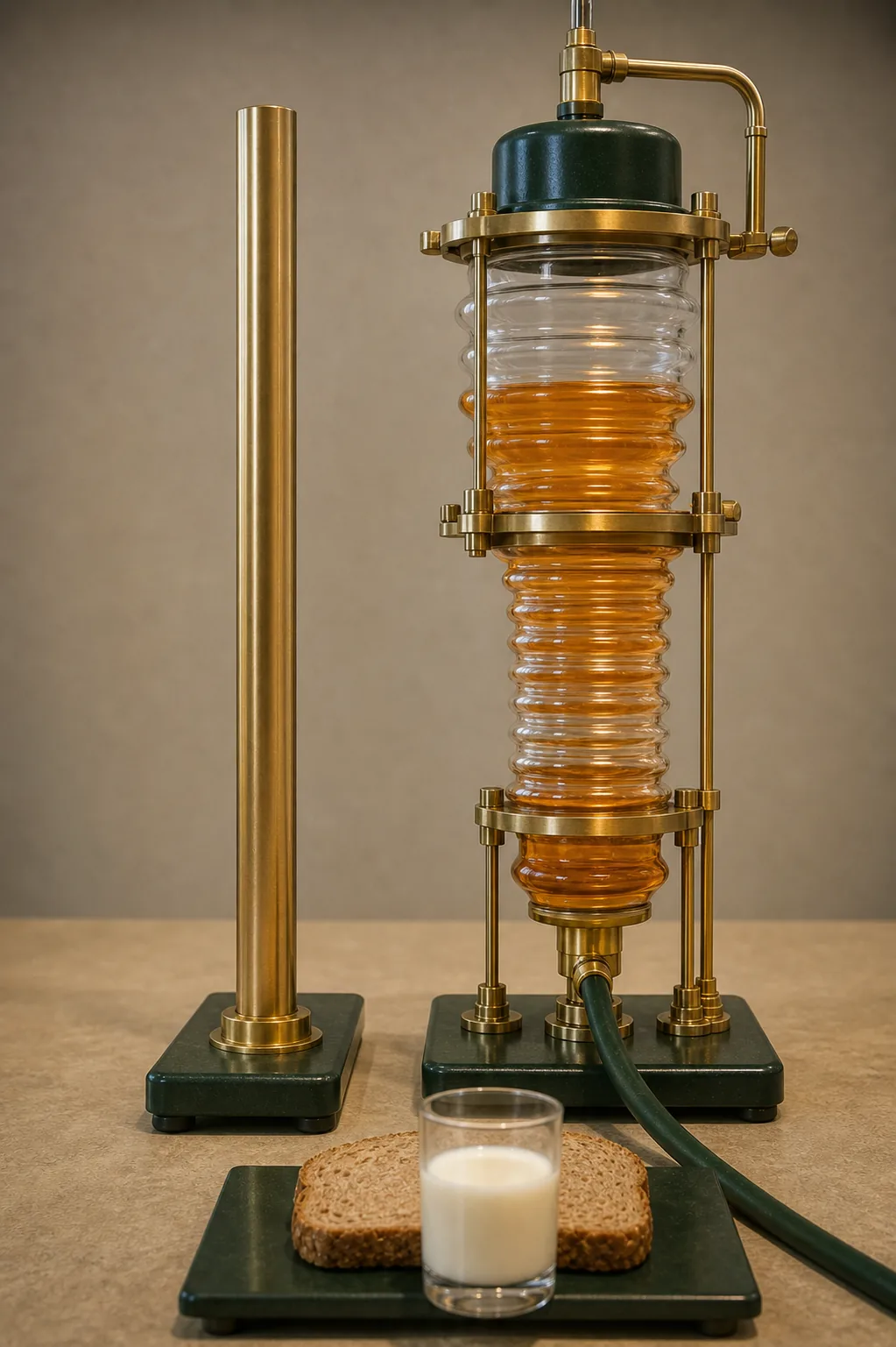 A rigid brass rod and a flexible glass chamber respond differently beside the same meal.