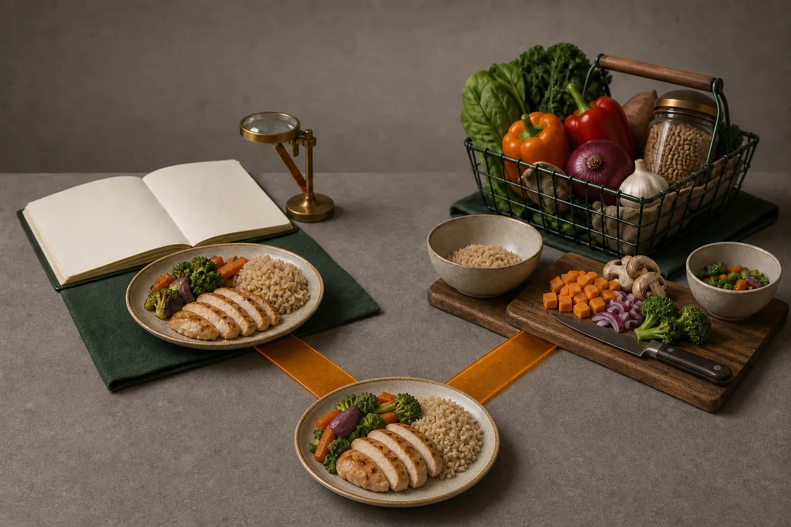 One path records meals while another changes shopping, cooking, and portions before both meet at a table.