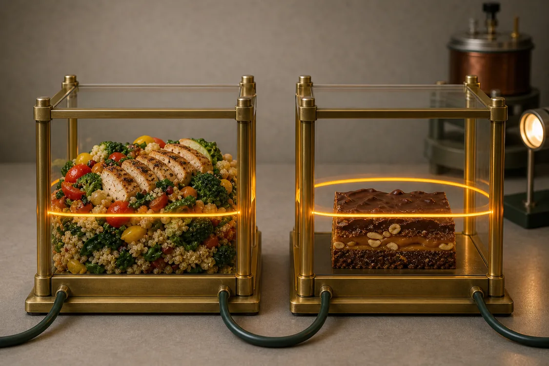 Two equal brass-and-glass energy frames hold meals with visibly different ingredients and portions.