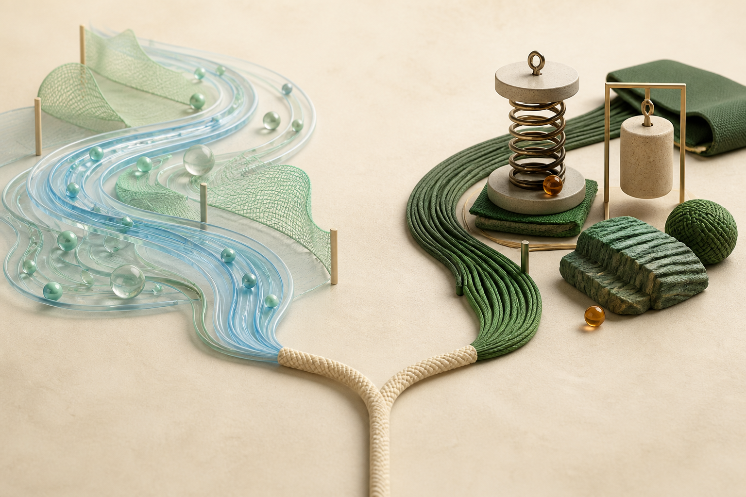A split three-dimensional still life contrasts flowing translucent tracks with weighted springs, cords and textured blocks for endurance and resistance.