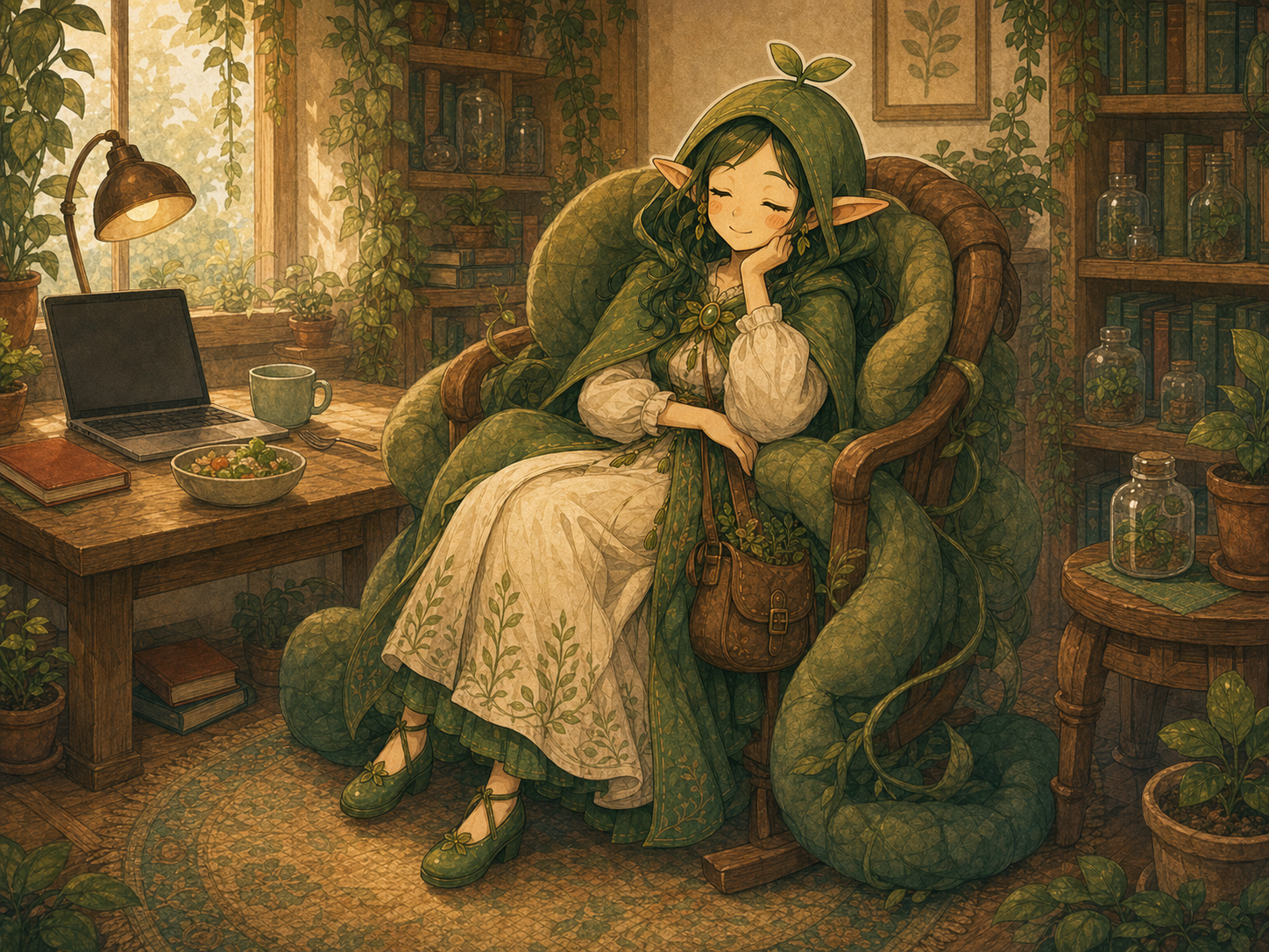 Nour sits after lunch while her cozy chair comically tucks around her, with a blank laptop nearby and no text.
