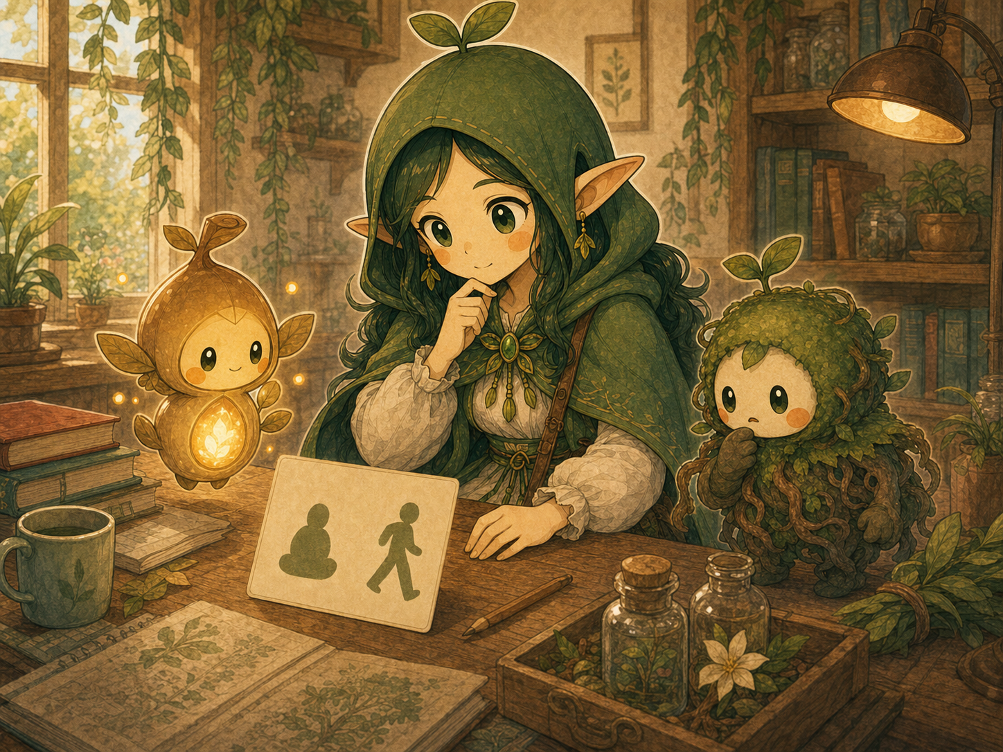 Nour, Kibo, and abstract seed-lantern Nuru look at a blank evidence card with movement shapes and no readable text.