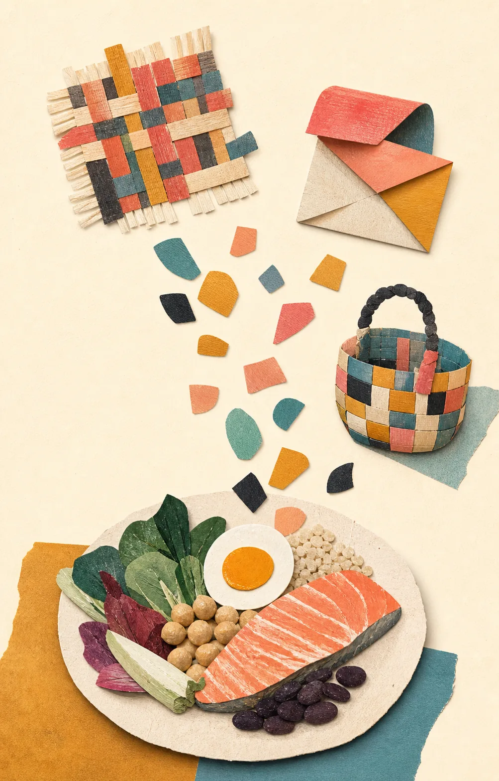 A vertical paper collage links an ordinary mixed meal with loose colorful pieces, a woven patch, a folded message and a carrying basket.
