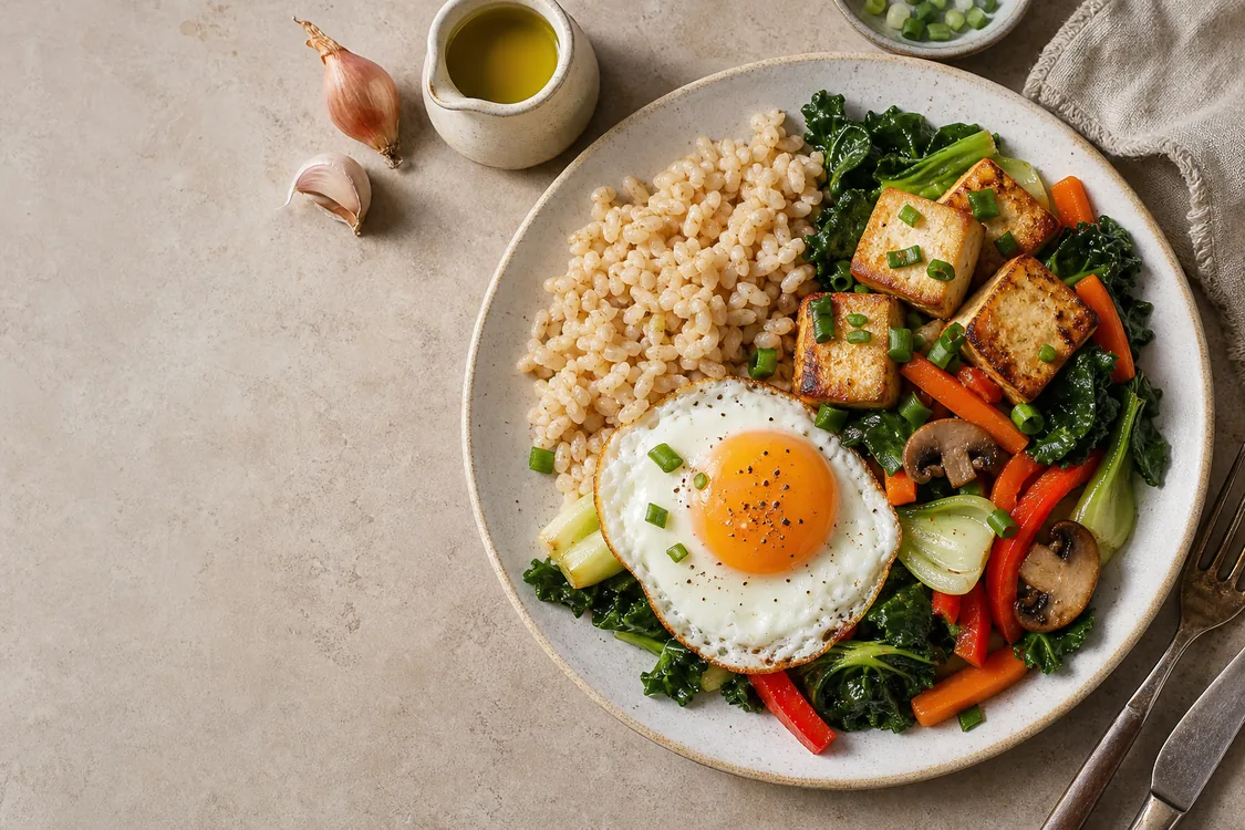 An ordinary mixed meal with grains, egg, and several vegetables, with a small amount of cooking oil and utensils nearby.