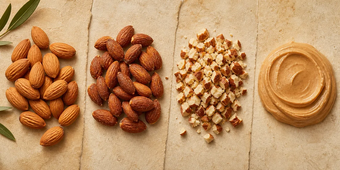 Whole natural almonds, whole roasted almonds, chopped almonds, and almond butter arranged from left to right.