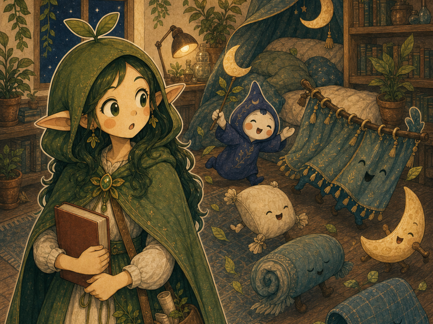 Nour looks surprised as Luma leads a tiny moonleaf parade of pillows, curtains, and moon shapes through a cozy room, with no readable text.