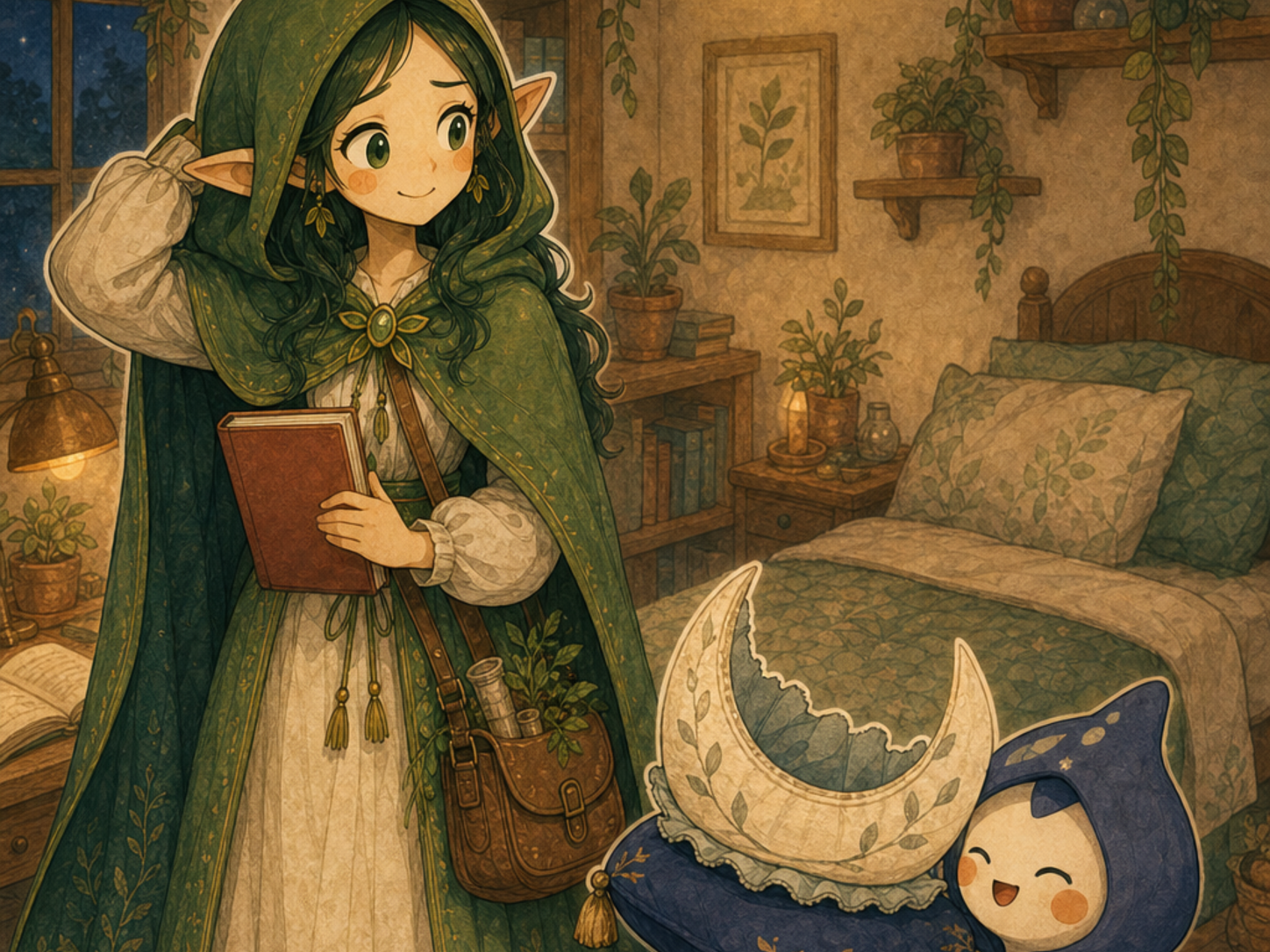 Luma presents a soft moon-shaped crown while Nour smiles awkwardly beside a gentle rhythm path, with no labels or numbers.