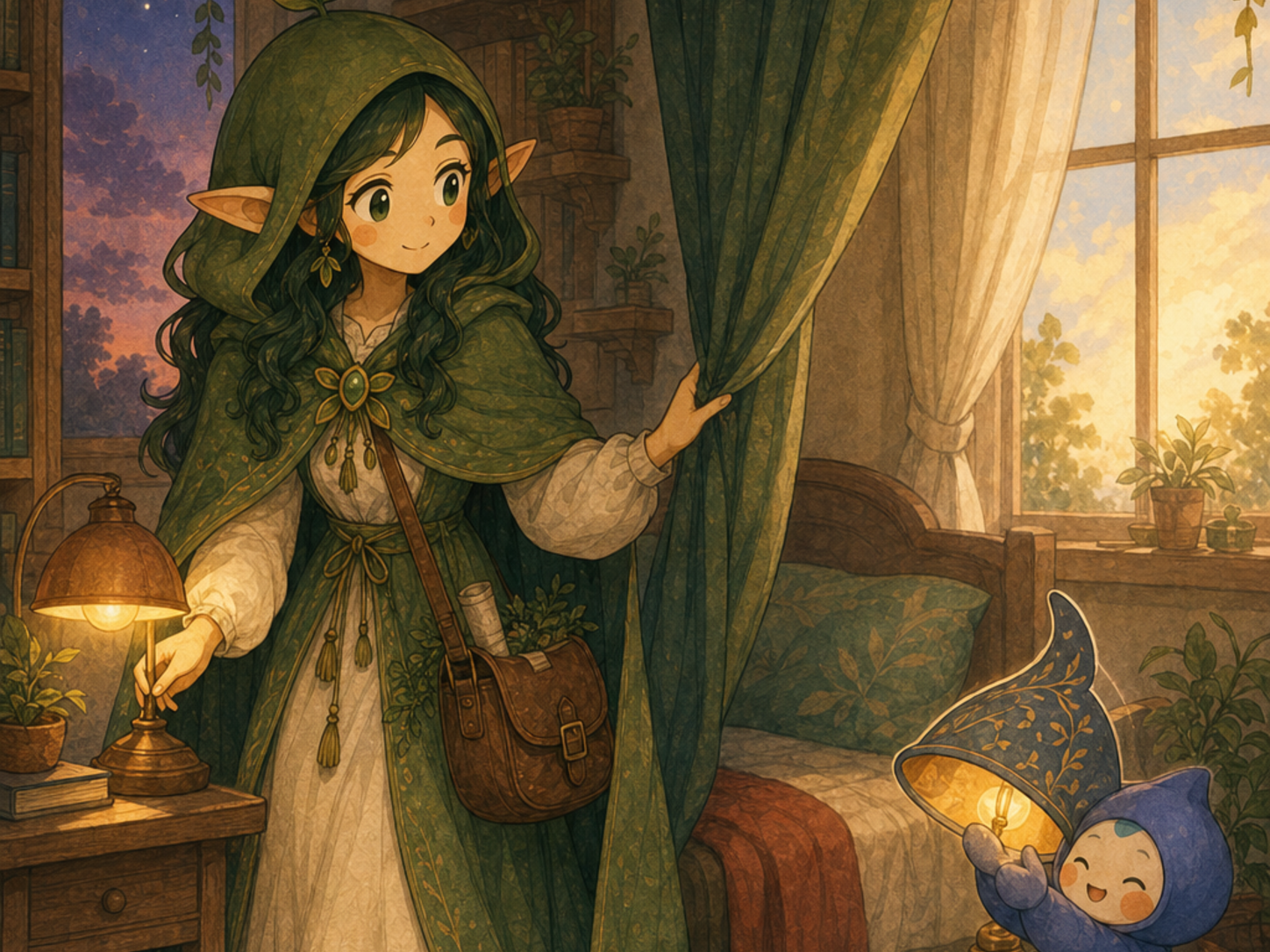 Nour sets a calm lamp and curtains while Luma turns the moon crown into a tiny lampshade, with no text or clock numbers.
