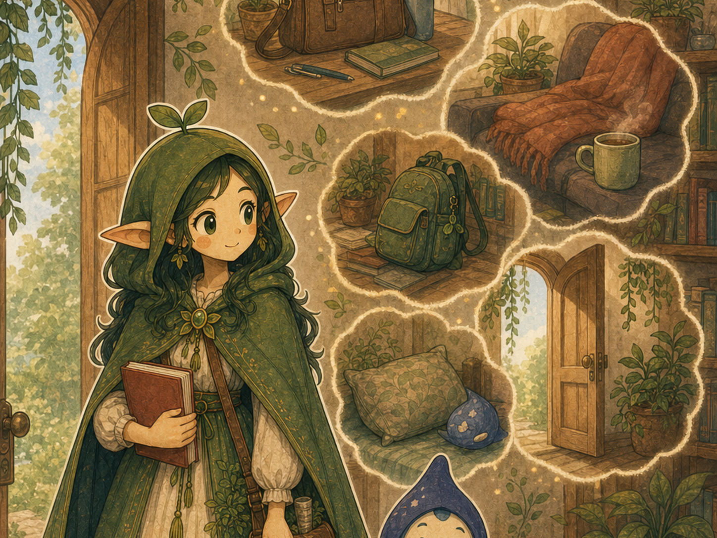 Nour and Luma stand beside varied real-life routine vignettes, including work, caregiving, school, and rest symbols, with no text or medical icons.